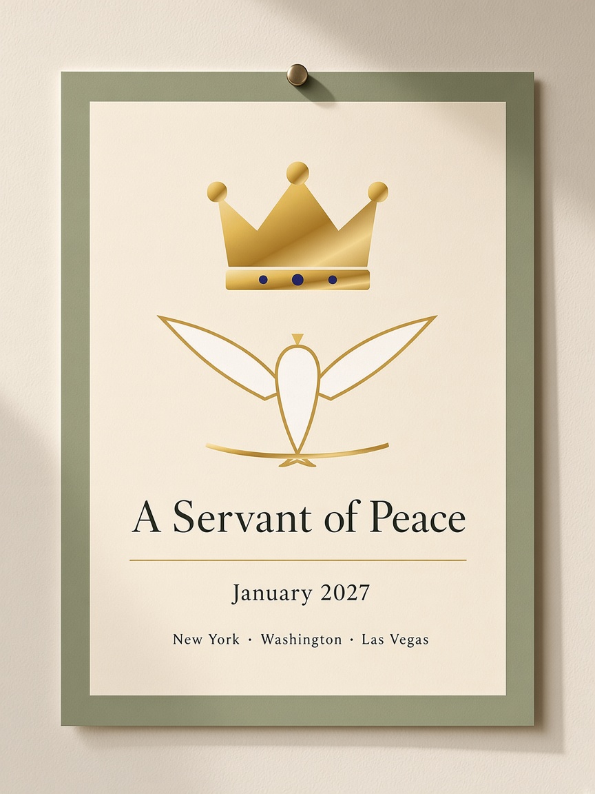 Mockup of a typographic poster reading “A Servant of Peace — January 2027”