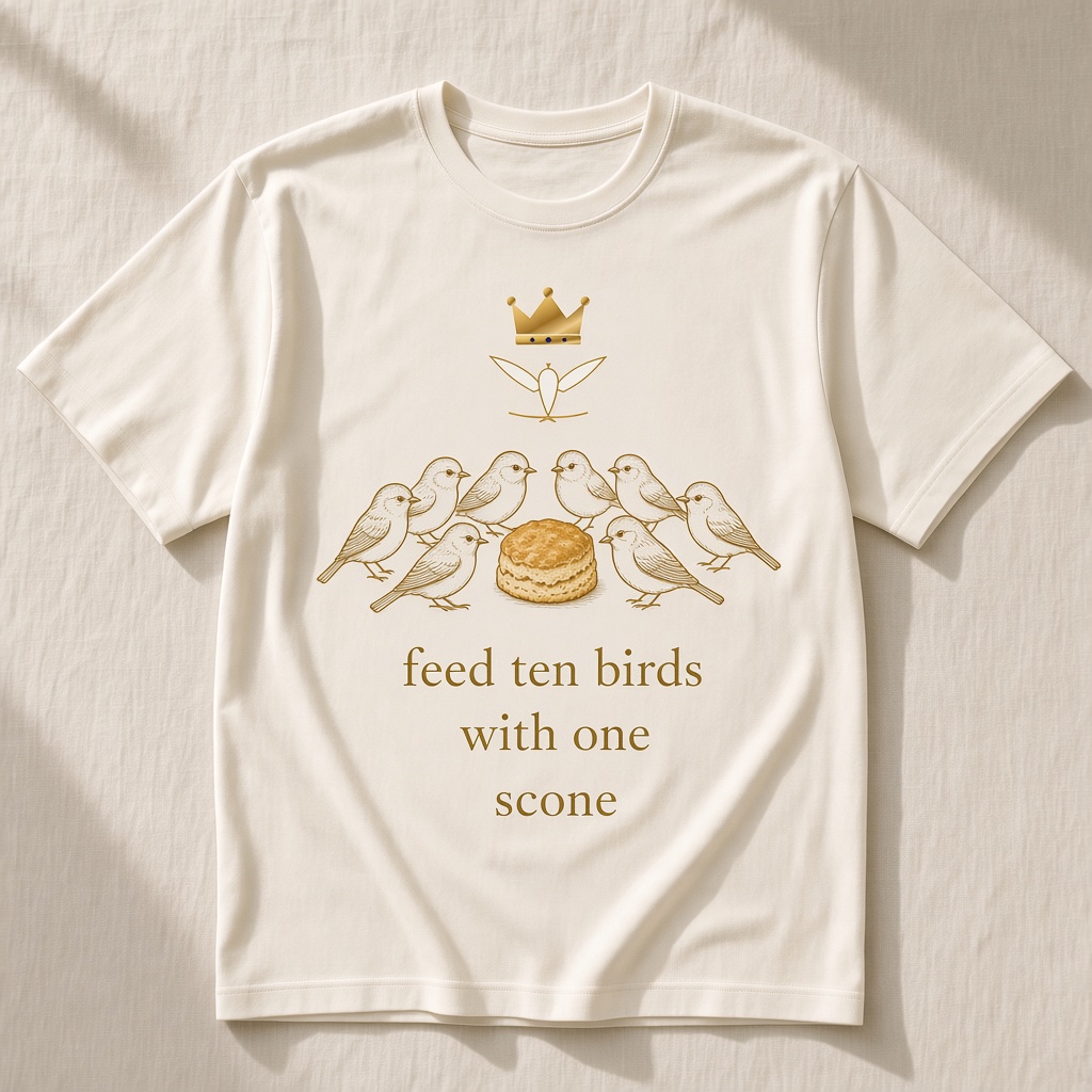 Mockup of a cream tee with crest, birds around a scone, and the line feed ten birds with one scone