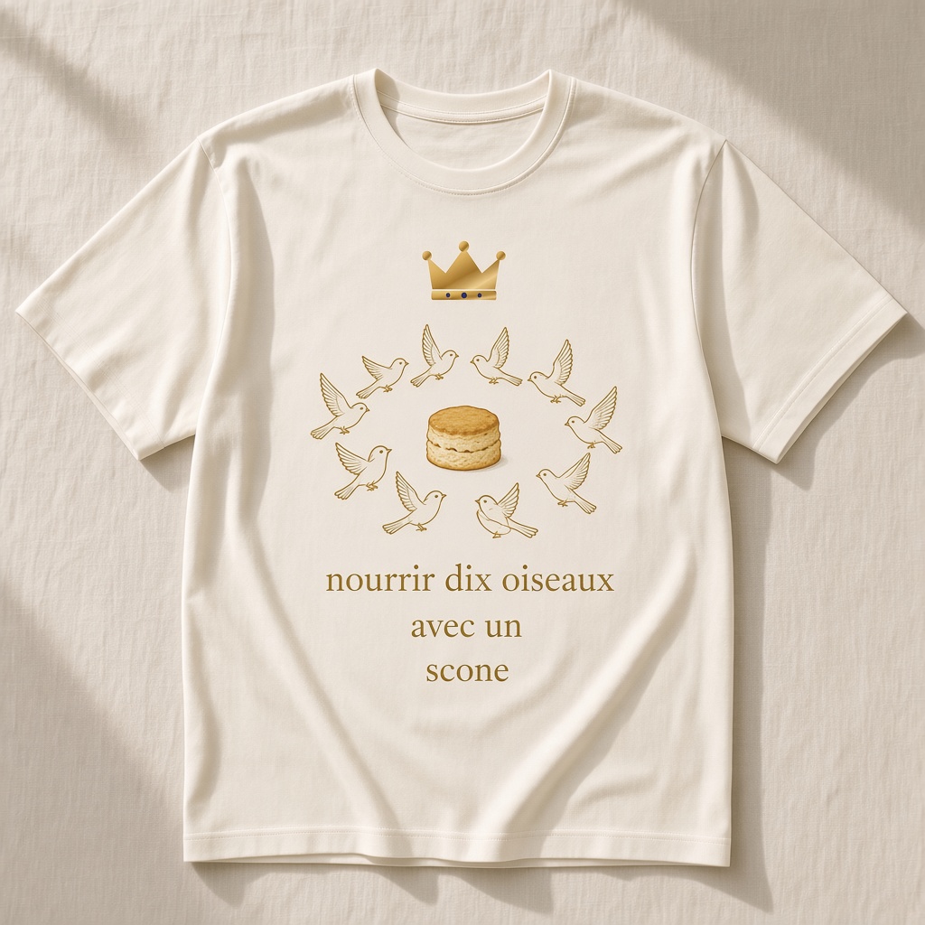 Maquette d’un t-shirt crème avec blason, oiseaux autour d’un scone, et nourrir dix oiseaux avec un scone