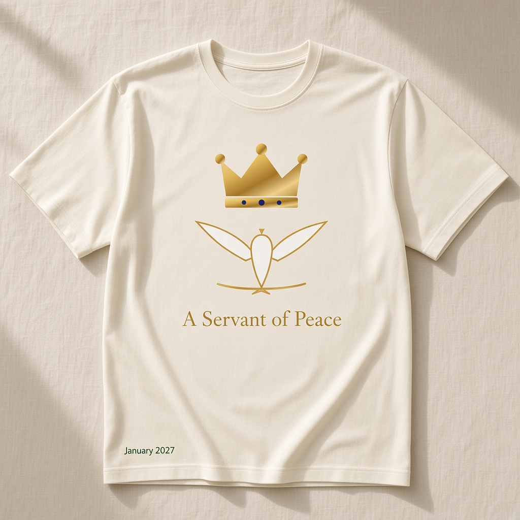 Mockup of a tee printed with “A Servant of Peace — January 2027” in gold lettering
