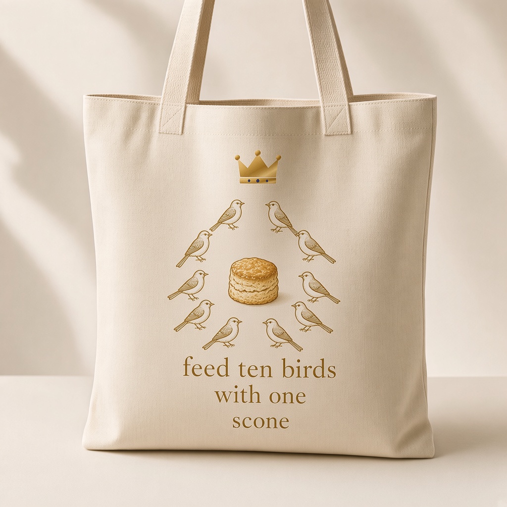 Mockup of a canvas tote with crest, birds around a scone, and feed ten birds with one scone