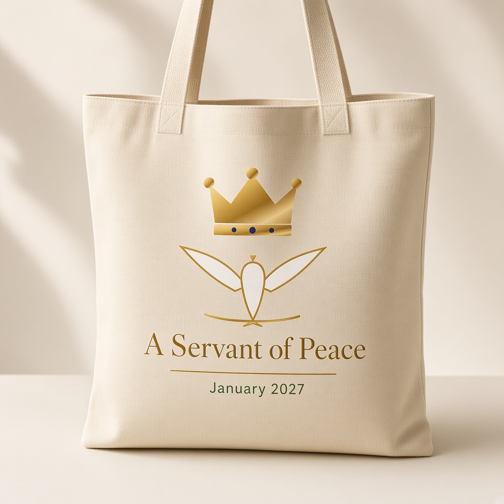 Mockup of a canvas tote bag with “A Servant of Peace — January 2027” typography